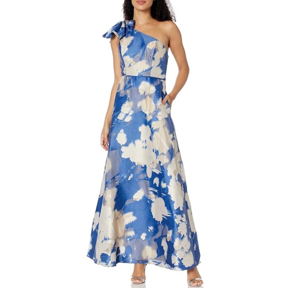 Aidan Mattox Floral Jacquard One Shoulder Short Puff Sleeve Ball Gown Sz14 - Picture 3 of 7